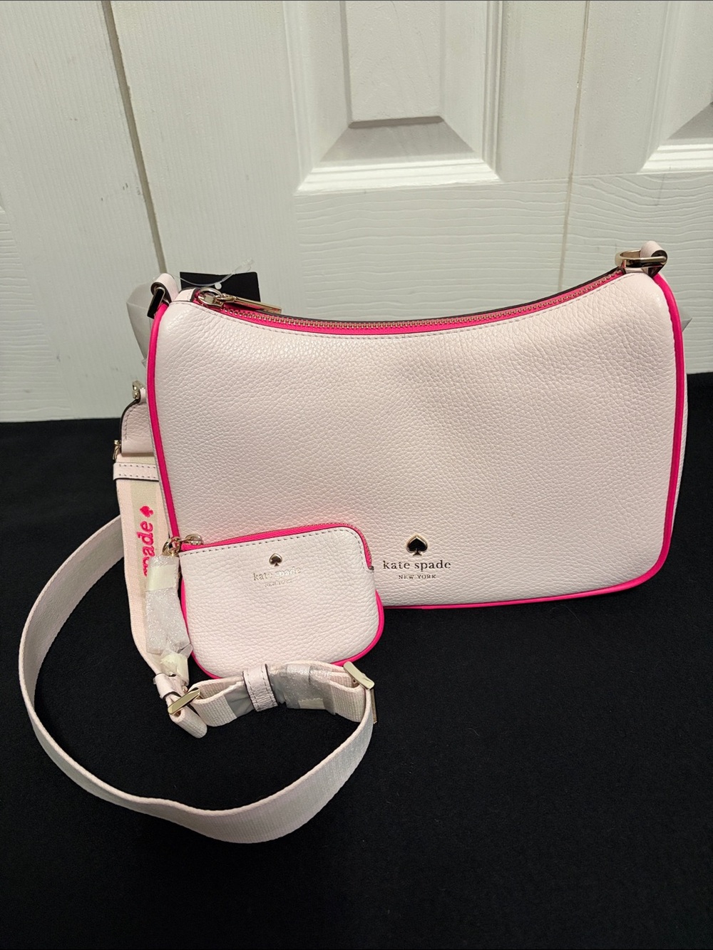 Kate Spade New York Emma Blush Pebbled Leather Shoulder Bag with Hot Pink Trim